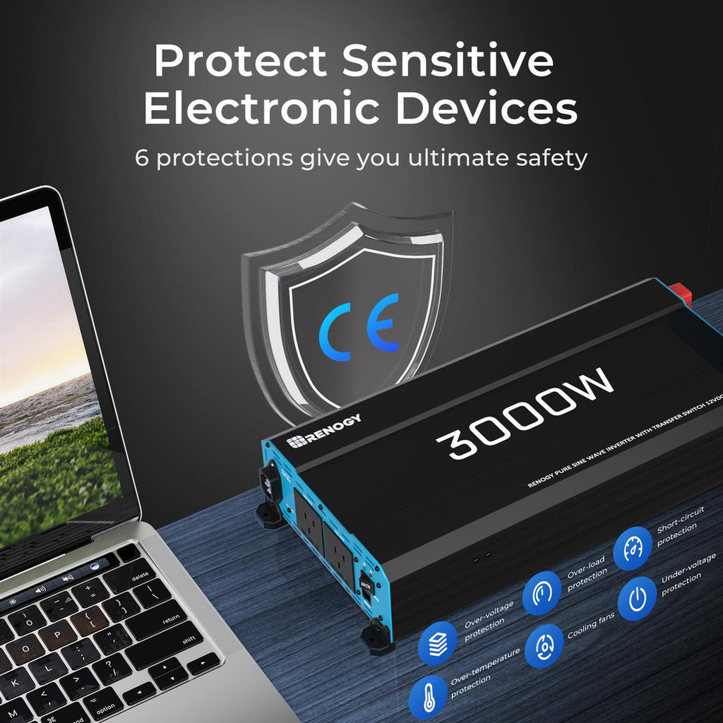 Renogy 3000W pure sine wave inverter output and electronics protection feature