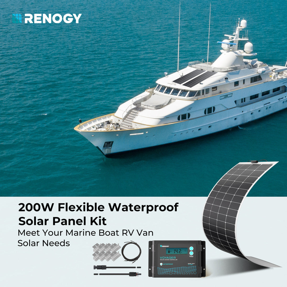 Renogy 200W flexible solar marine kit feature and installation view