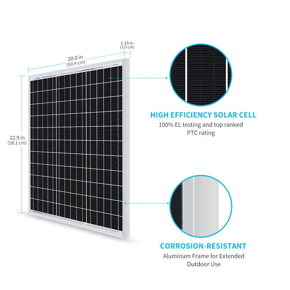 Renogy 12V 50W monocrystalline solar panel dimensions and construction