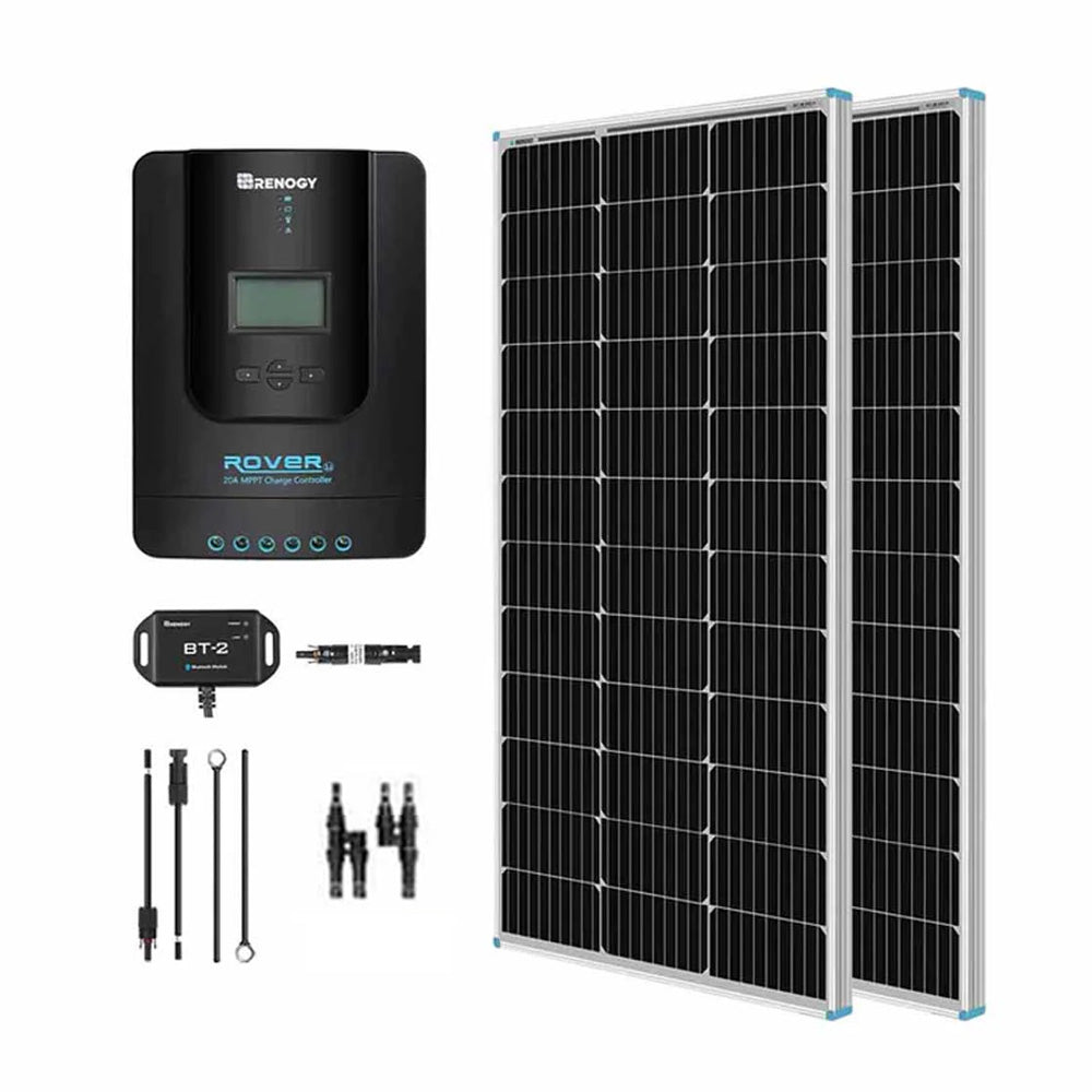 Renogy 200W solar premium kit with two 100W rigid panels and Rover 20A controller