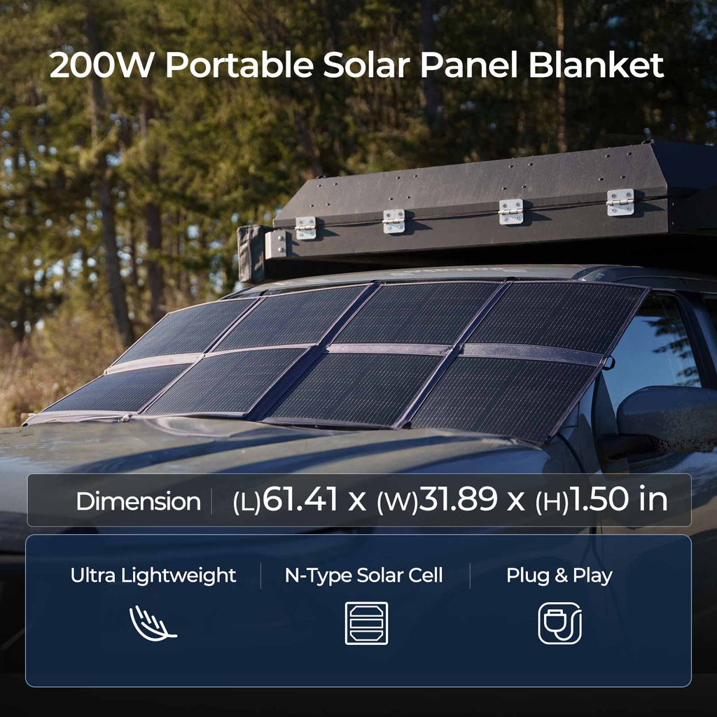 Renogy 200W solar panel blanket installed on a vehicle for off-grid charging