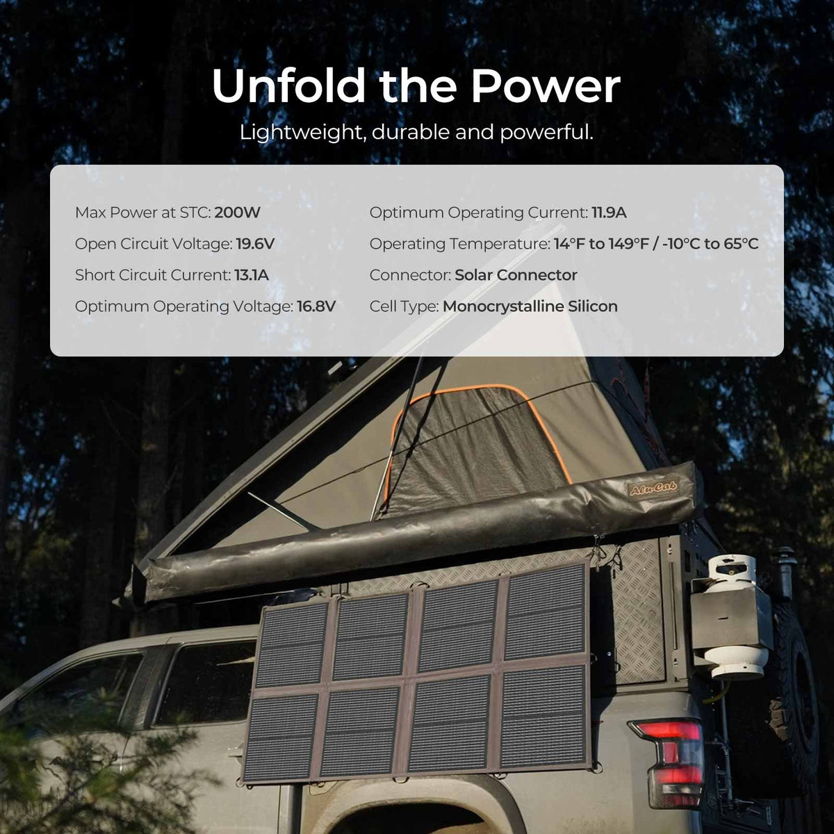Renogy 200W solar panel blanket outdoor setup and specification view